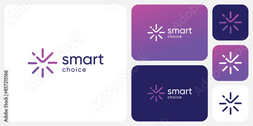 Vector logo design of a check mark between rays of light in a modern, simple, clean and abstract style.