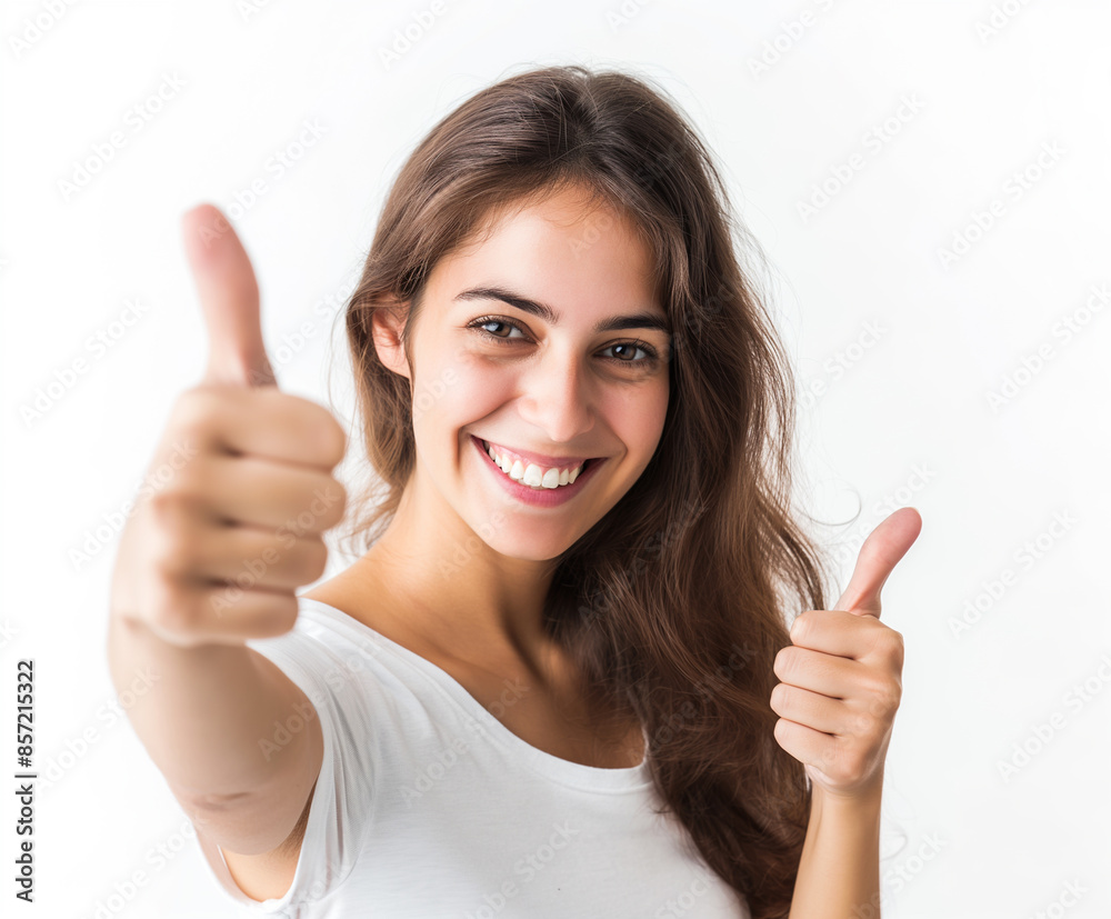 Foto de uma mulher fazendo sinal de joinha (ok) em fundo branco, ideal para uso editorial. A imagem transmite positividade, aprovação e confiança Foto de uma mulher fazendo sinal de joinha (ok) em fundo branco, ideal para uso editorial. A imagem transmite positividade, aprovação e confiança