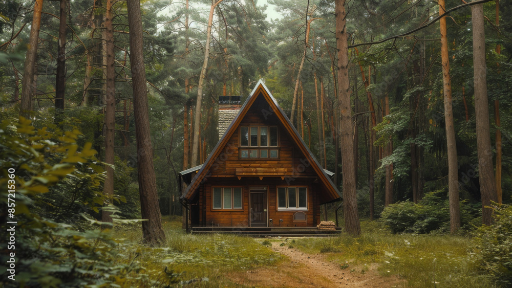 A-frame house cabin in middle of a forest in summer season A-frame house cabin in middle of a forest in summer season