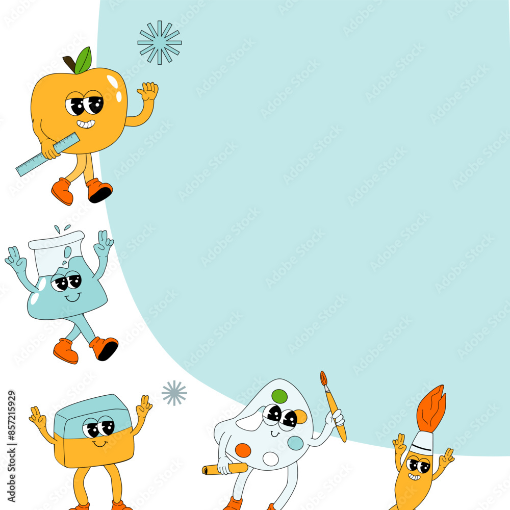 y2k background with school characters in retro 00s, 80s style. Can used for back to school banner or poster for social network. School supplies or stationery for children - cute cartoon characters. y2k background with school characters in retro 00s, 80s style. Can used for back to school banner or poster for social network. School supplies or stationery for children - cute cartoon characters.