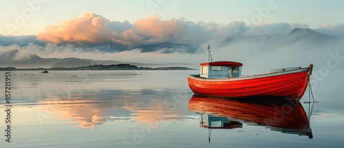 A single boat anchored in a calm harbor photo