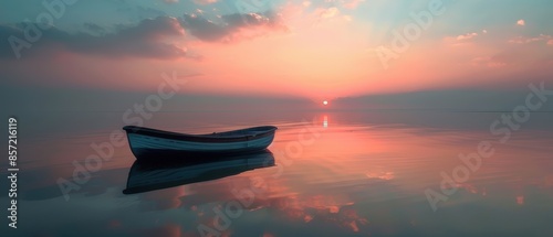 A single boat floating in a calm sea at dawn photo