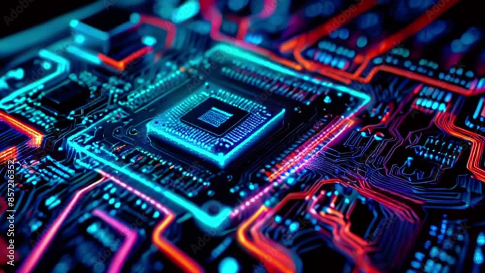 This is an video of a computer chip with blue and red circuit lines. This is an video of a computer chip with blue and red circuit lines.