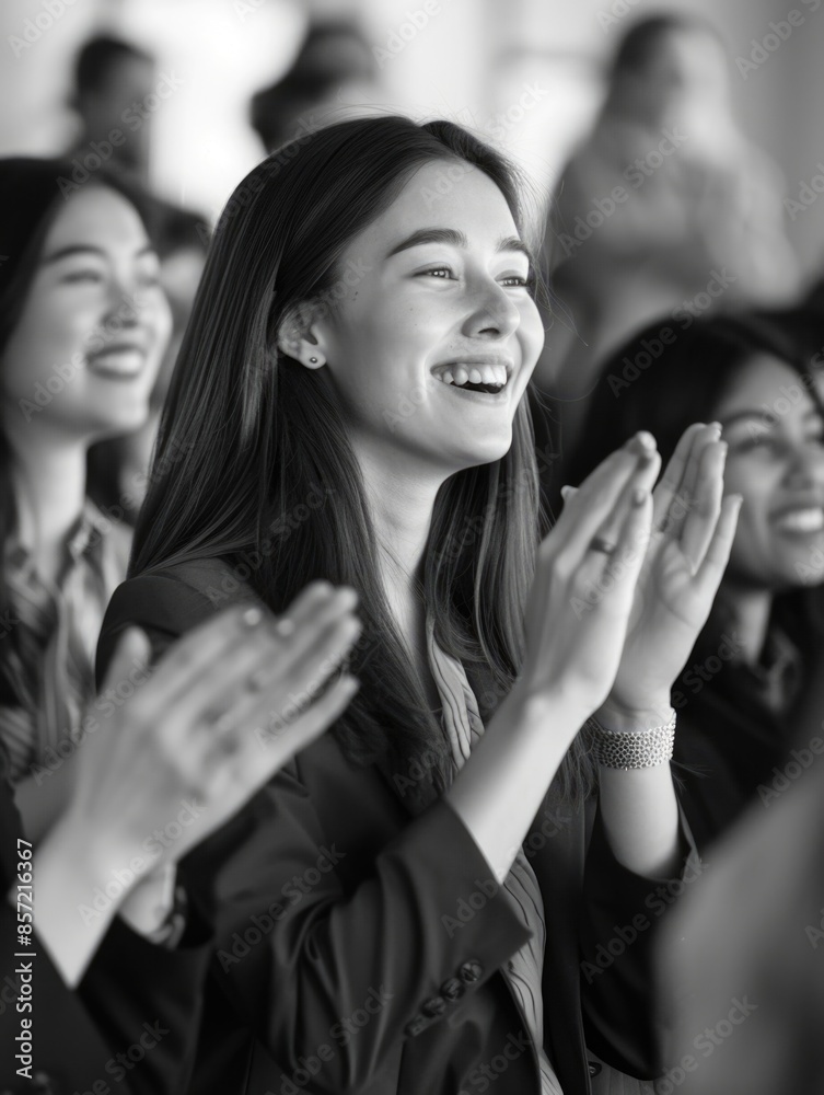 A black and white photograph of a woman enthusiastically clapping her hands A black and white photograph of a woman enthusiastically clapping her hands