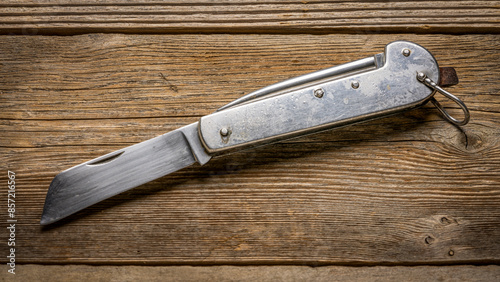 vintage sailor knife with marlinespike and straight blade (made in Poland in 1970s) against rustic wood, signs of heavy use and abuse photo