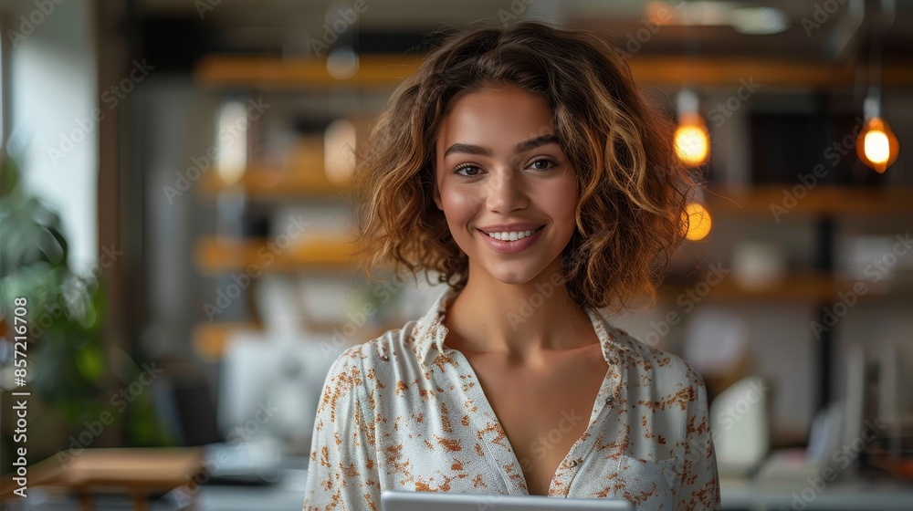 A warmly smiling woman stands confidently in an office with modern decor, illuminated by soft warm light, exuding joy and professional charm and personality.