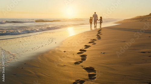 Family Walking on Beach at Sunset: Serene Coastal Scene with Footprints in the Sand and Golden Sunlight
