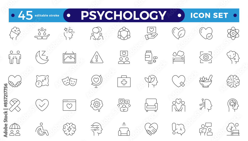 Psychology and mental line icons collection. Big UI icon set in a flat design.Set of positive thinking icons. Containing self-care, optimism, be loved, healthy lifestyle, Editable stroke outline icon.