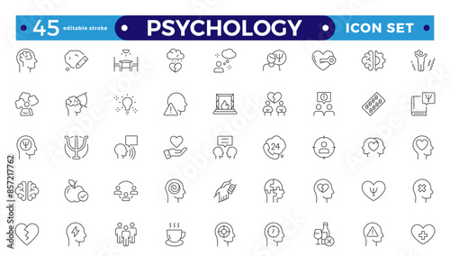 Psychology and mental line icons collection. Big UI icon set in a flat design.Set of positive thinking icons. Containing self-care, optimism, be loved, healthy lifestyle, Editable stroke outline icon.