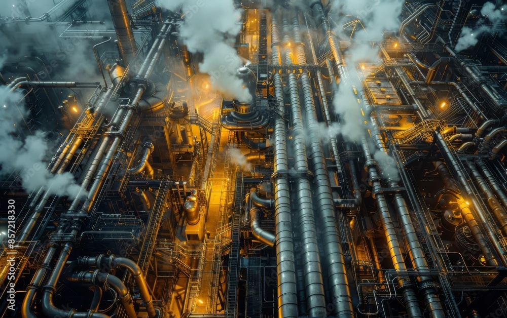 A complex network of pipes and machinery, glowing with light and spewing steam, create a futuristic industrial scene.