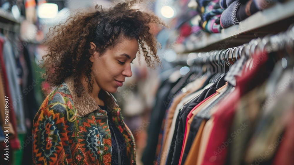 Woman browsing clothes boutique, sale commerce business market