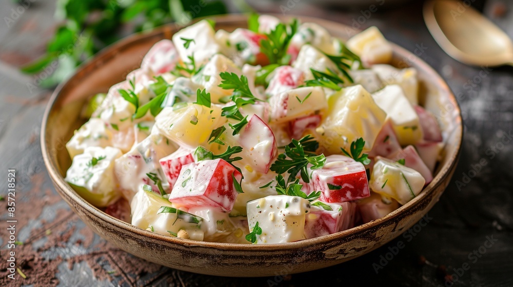 Waldorf salad with fresh ingredients on plate, food healthy creamy Waldorf salad with fresh ingredients on plate, food healthy creamy