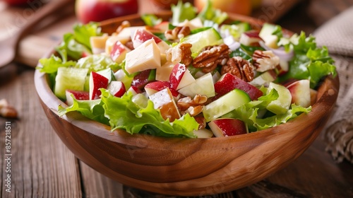 Fresh waldorf salad with apples celery walnuts mayonnaise in wooden bowl on wooden background, egg-free dairy-free paleo