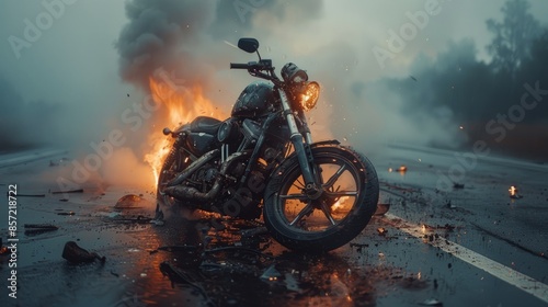 A collision involving a motorbike on a busy city street turns into a road disaster with flames raging. The wrecked vehicle and somber scene unfold after the accident. © Dmitry