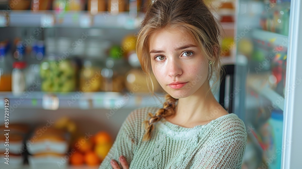 Inside a grocery store, a woman with blonde hair stands with a serious expression, reflecting deliberation or contemplation amidst the colorful array of products. Inside a grocery store, a woman with blonde hair stands with a serious expression, reflecting deliberation or contemplation amidst the colorful array of products.