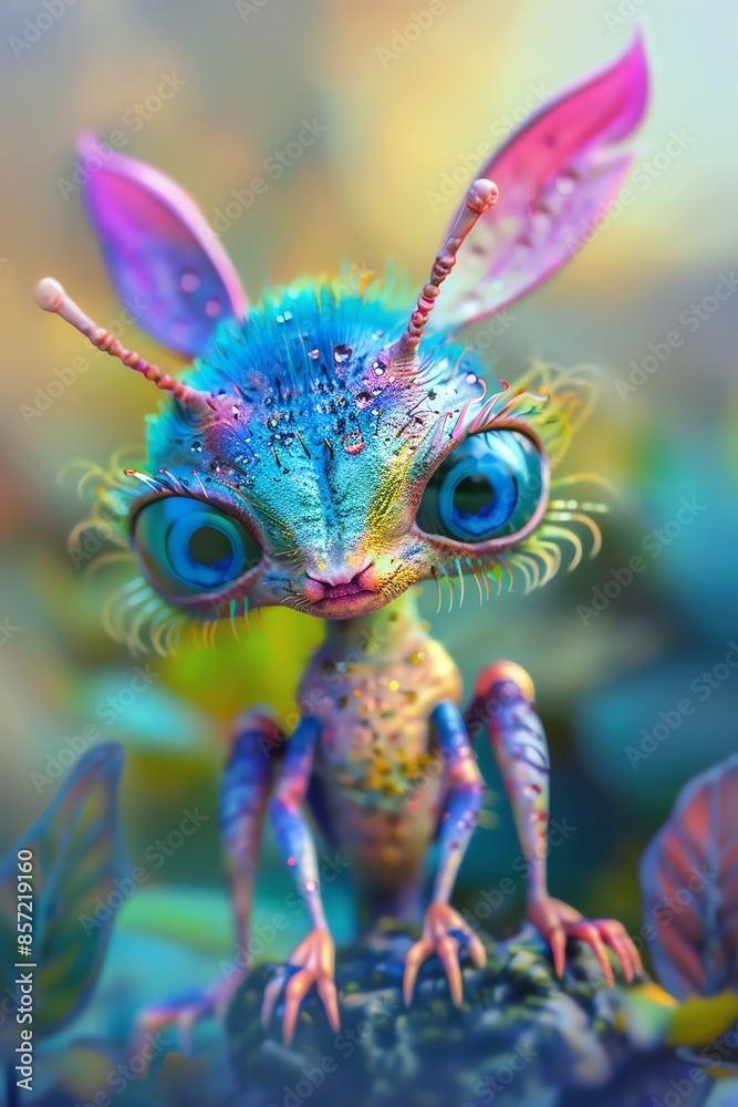 Cute alien creature, vibrant colors, large eyes, fantasy setting, soft focus
