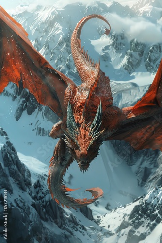 3D anime dragon above snowy mountains, dynamic aerial shot, dramatic lighting, epic fantasy