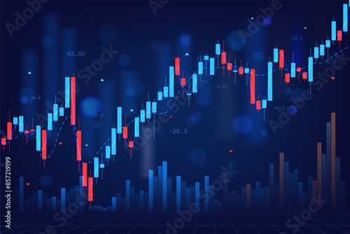 stock market candlestick chart pattern design on blue background, business financial growth