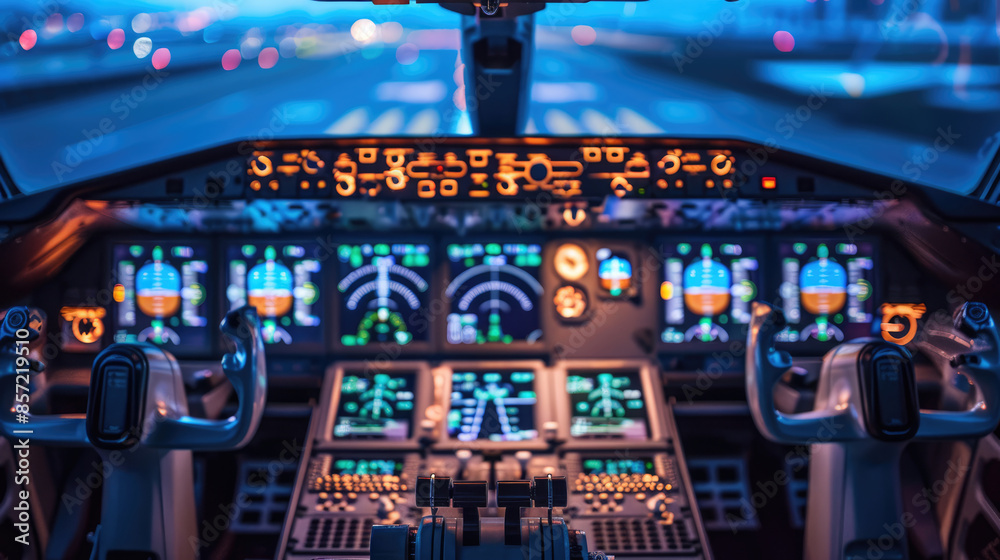 The airplane cockpit at night is illuminated with control panels The airplane cockpit at night is illuminated with control panels