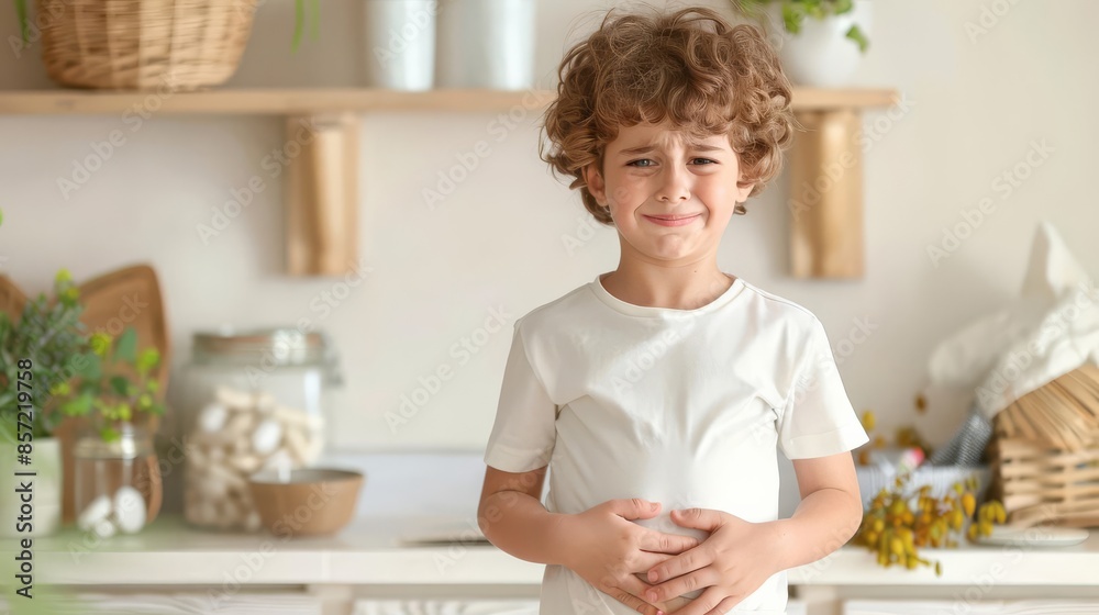 Child with a stomach ache holding their belly, Abdominal pain, Showing the pain and discomfort of a stomach ache in children Child with a stomach ache holding their belly, Abdominal pain, Showing the pain and discomfort of a stomach ache in children