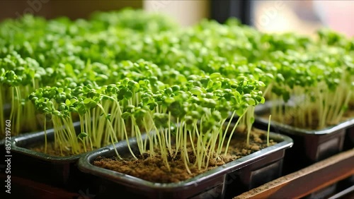 Close-up of vibrant indoor-grown broccoli microgreens flourishing. Concept Indoor Gardening, Microgreens, Broccoli Growth, Vibrant Produce, Close-up Photography photo