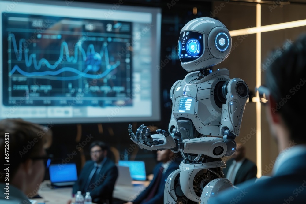 A robot is standing in front of a group of people, giving a presentation A robot is standing in front of a group of people, giving a presentation