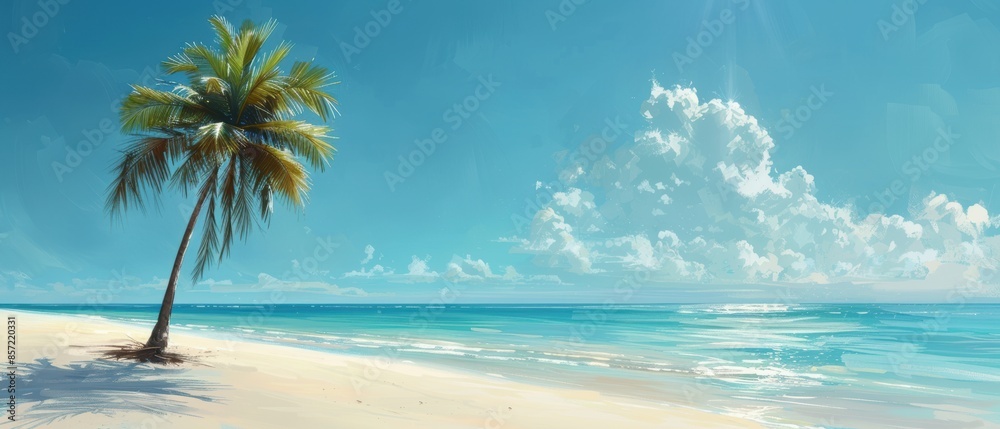 A tranquil beach scene with a lone palm tree, white sand, and a calm turquoise sea A tranquil beach scene with a lone palm tree, white sand, and a calm turquoise sea