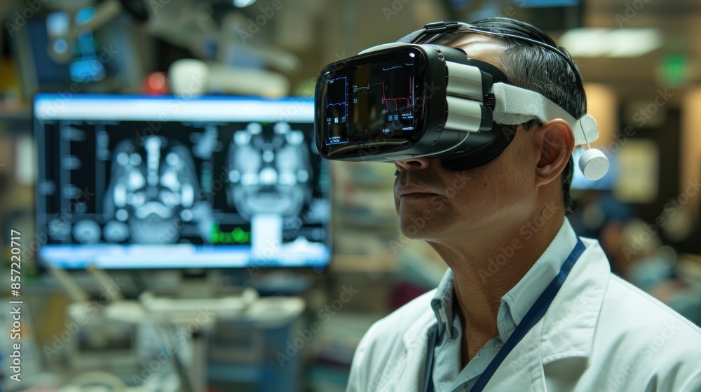 A medical professional uses VR to simulate complex procedures, enhancing training and skill development. The VR headset provides a realistic and immersive experience, allowing for detailed practice. A medical professional uses VR to simulate complex procedures, enhancing training and skill development. The VR headset provides a realistic and immersive experience, allowing for detailed practice.