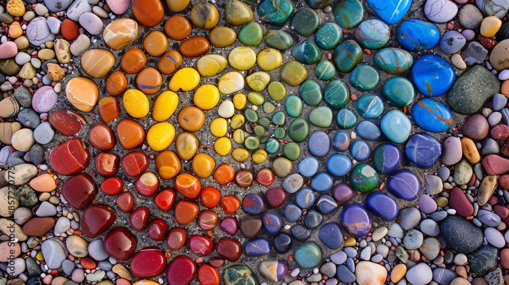 Rainbow Pebbles on Beach Shore Rainbow Pebbles on Beach Shore