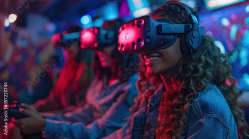 A group of friends enjoys a VR multiplayer game, using VR headsets and controllers. The game environment is vibrant and interactive, providing an exciting and immersive experience. The scene captures