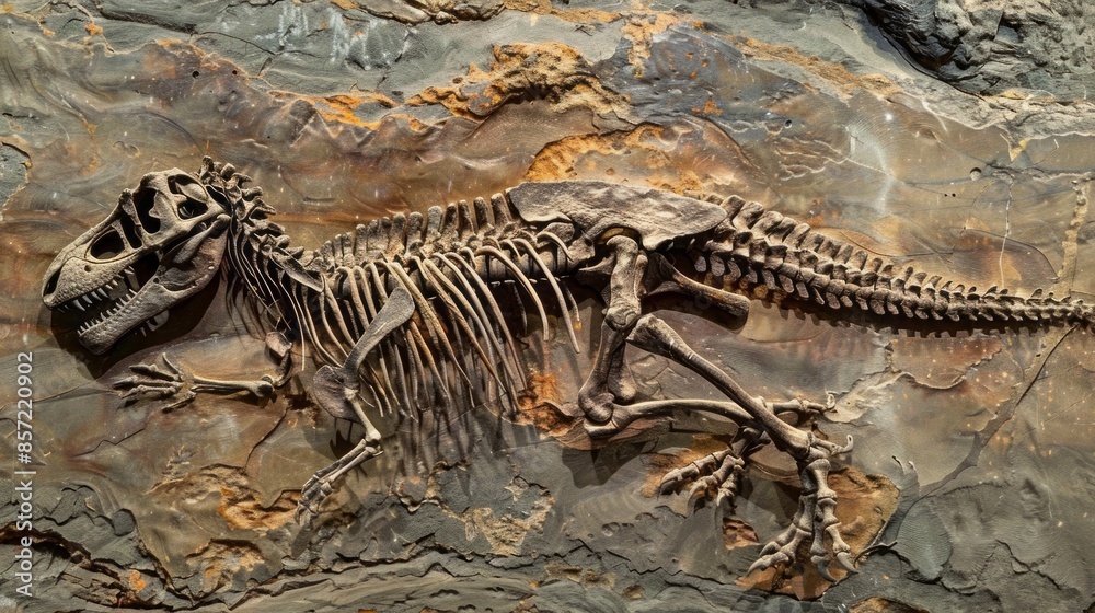 Naklejka premium A dinosaur skeleton is laying on a rock