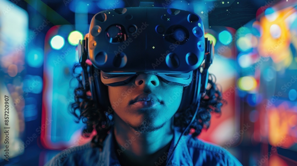 A gamer explores a virtual world using a VR headset, fully immersed in the experience. The VR environment is detailed and dynamic, with realistic graphics and interactive elements. The scene captures A gamer explores a virtual world using a VR headset, fully immersed in the experience. The VR environment is detailed and dynamic, with realistic graphics and interactive elements. The scene captures