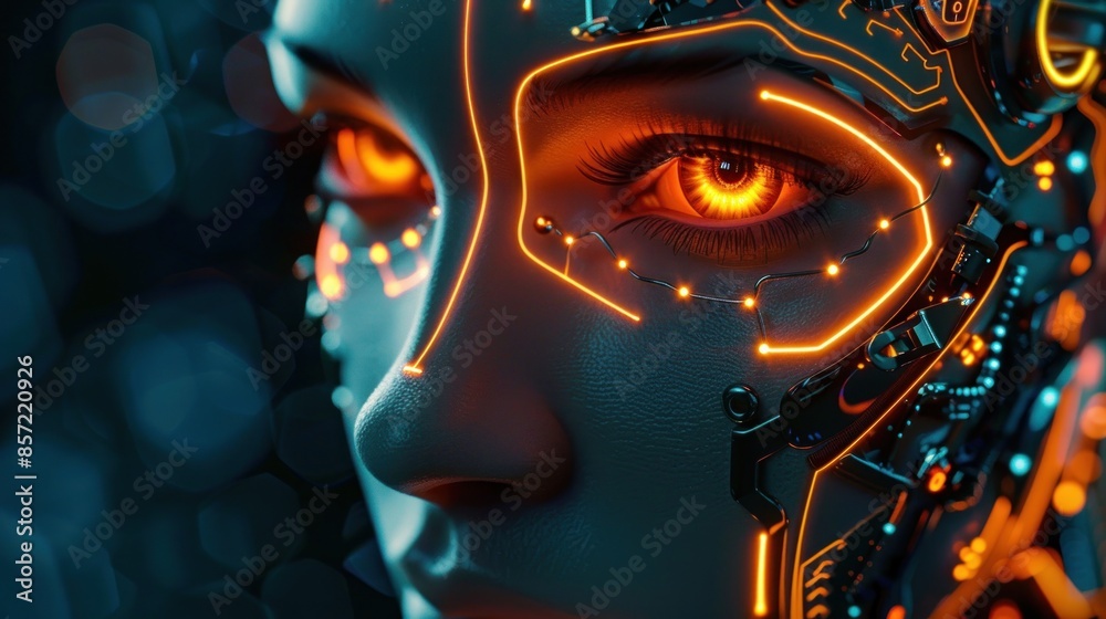 A woman's face is lit up with bright orange lights A woman's face is lit up with bright orange lights