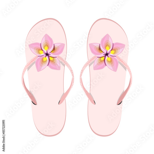 Summer flip flops with tropical flowers, pair, isolated on white background.Vector illustration of beach shoes for summer designs.