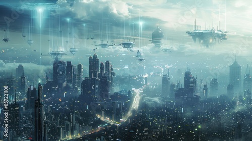 A futuristic cityscape with many flying objects and a cloudy sky