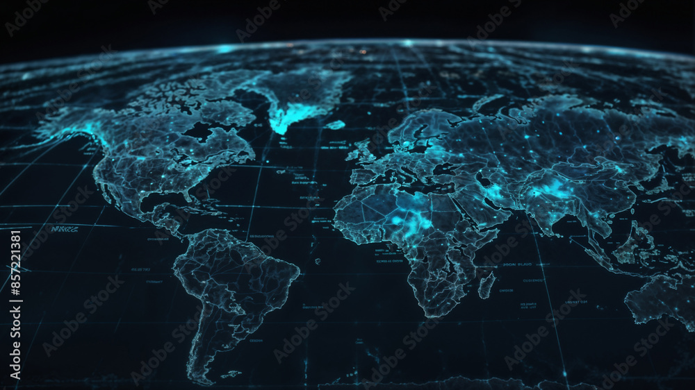 Digital map of the world highlighting continents with glowing blue lights, showing global connectivity and technological networks. The map is overlaid on a dark background, emphasizing data points Digital map of the world highlighting continents with glowing blue lights, showing global connectivity and technological networks. The map is overlaid on a dark background, emphasizing data points