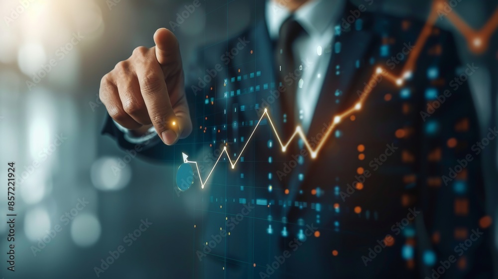 A businessman pointing to a graph with an arrow, a corporate plan for future growth. The concept of business development. A businessman pointing to a graph with an arrow, a corporate plan for future growth. The concept of business development.