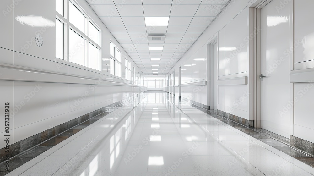 Obraz premium Empty modern hospital corridor, clinic hallway interior background