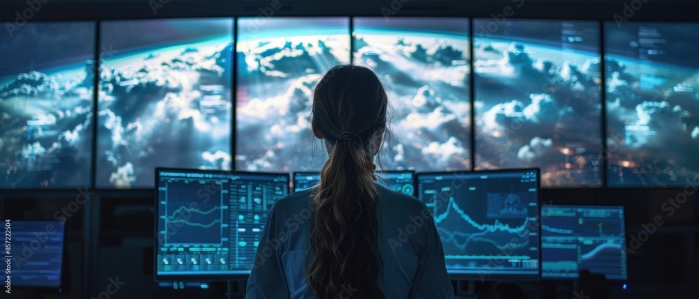 Fototapeta premium A woman analyzing cloud data on multiple monitors