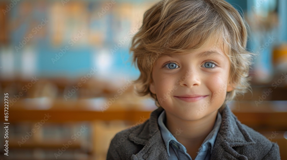 portrait of a Caucasian smiling schoolboy 10 years old in a school uniform sitting at a desk at school and looking at the camera portrait of a Caucasian smiling schoolboy 10 years old in a school uniform sitting at a desk at school and looking at the camera