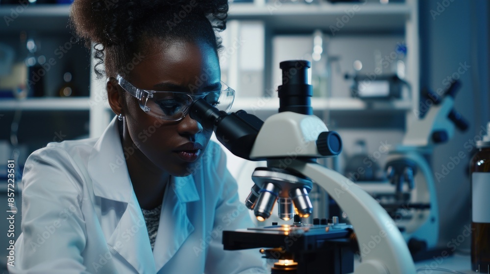 Scientist examining sample through microscope in lab Scientist examining sample through microscope in lab