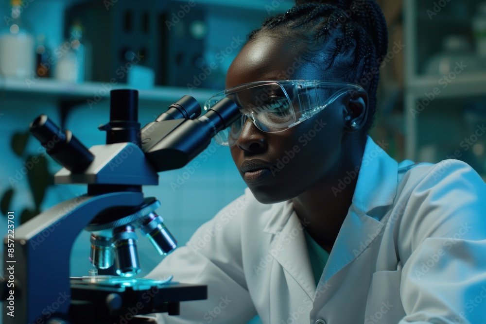 Scientist focusing on microscopic sample analysis Scientist focusing on microscopic sample analysis