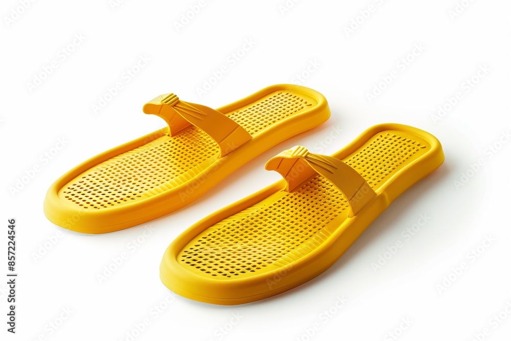 Bright design yellow slip-on sandals isolated on a white background. Simple and clean footwear style. Perfect for casual and beachwear. Conceptual and minimalist fashion. Generative AI Bright design yellow slip-on sandals isolated on a white background. Simple and clean footwear style. Perfect for casual and beachwear. Conceptual and minimalist fashion. Generative AI