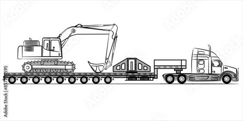 Low loader trailer for construction machinery. American low loader truck. Trailer truck abstract silhouette. Sketch of a truck car. Trailer with axle extendable trailer rigged. Vector illustration