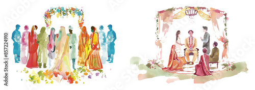 Indian wedding musical ceremony in banquet, bride-groom and people, watercolor vector illustration