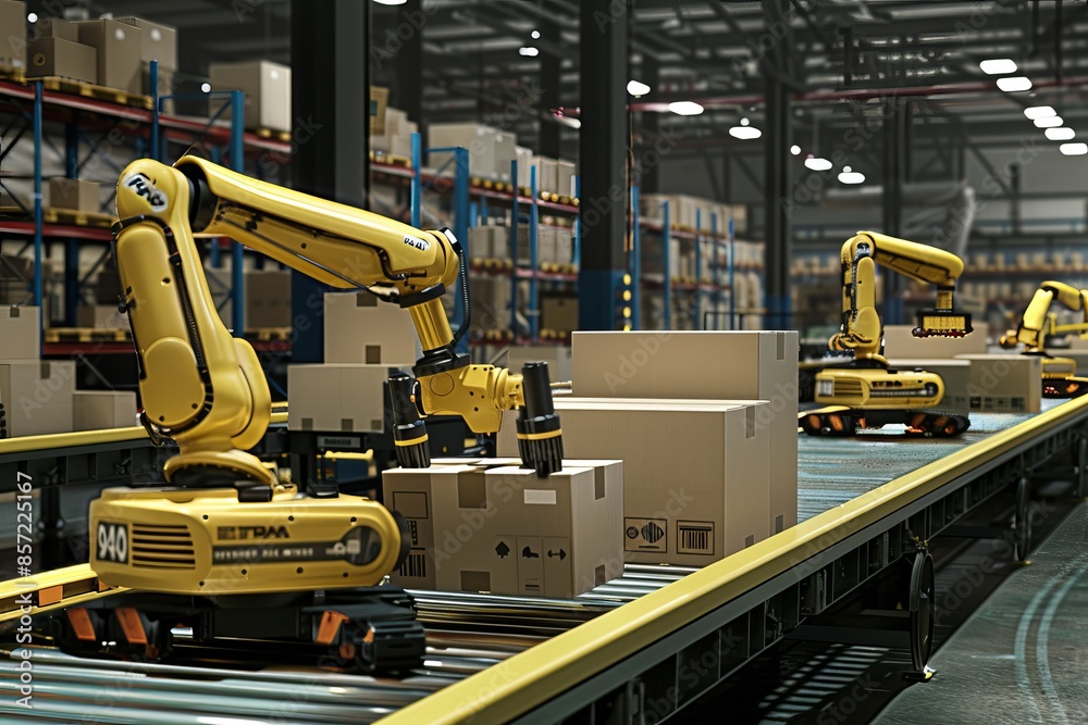Automated Warehouse with Robotic Arm Moving Boxes on Conveyor Belt Automated Warehouse with Robotic Arm Moving Boxes on Conveyor Belt