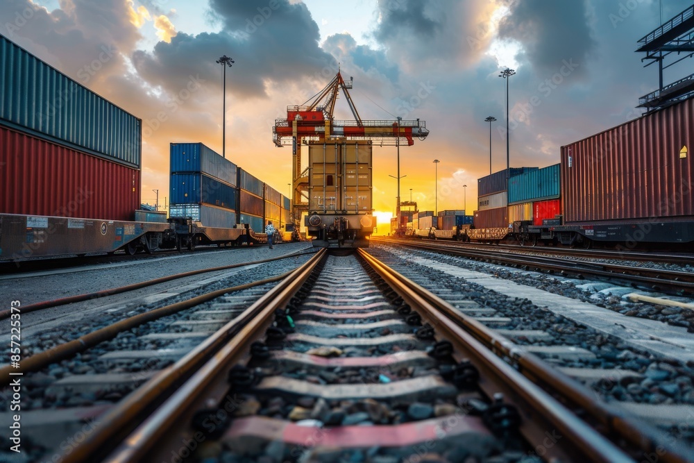 Fototapeta premium Container Train at Sunset with Industrial Crane