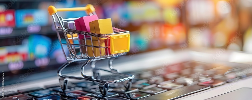A close-up image of a miniature shopping cart on a laptop keyboard. The cart is filled with colorful boxes. The background is blurred. A close-up image of a miniature shopping cart on a laptop keyboard. The cart is filled with colorful boxes. The background is blurred.