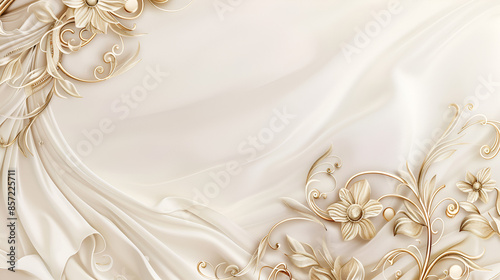 fondo claro beige con ornamentos dorados garigoles dorados con un fondo de tela de seda con suavidad con espacio para copiar photo