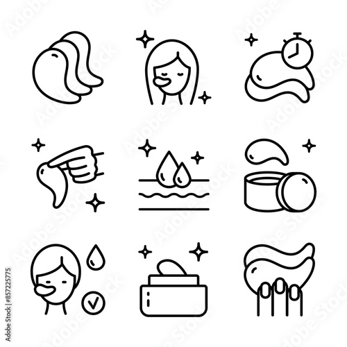 Eye gel patches line icons set. Simple illustrations of eye mask. Contour isolated vector signs set on white background. Trend care products signs collection.